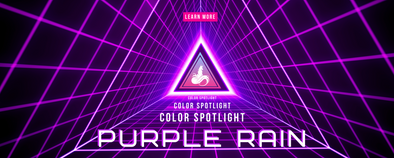 Triangle with Arctic Fox Hair Color logo in the middle with purple lines of light coming out of it to make a pyramid effect. The words Purple Rain Color Spotlight are written below the center triangle